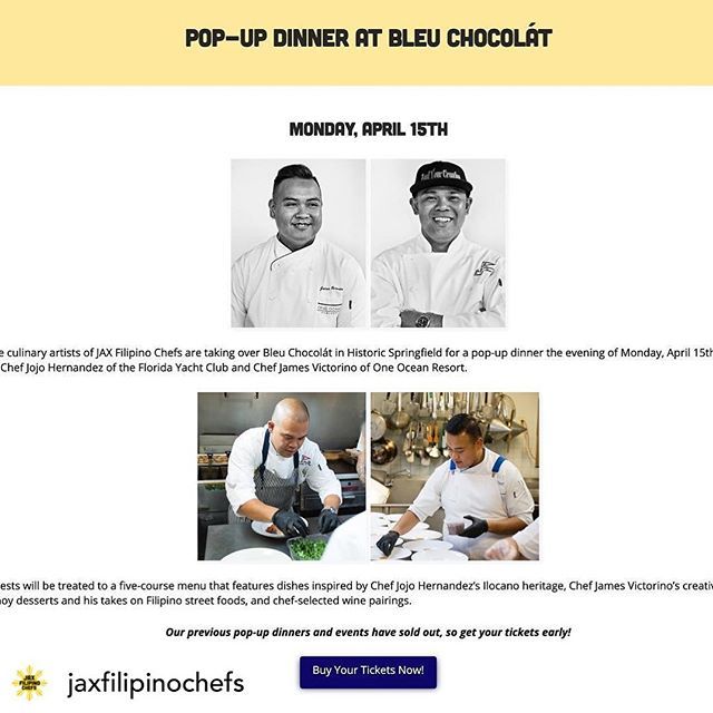 A limited number of tickets remain for the next JAX Filipino Chefs Pop-up Dinner at Bleu Chocolat this coming Monday. You can get them at bit.ly/jfcbc or via @904tix We are very excited about this one and hope to see you there as we continue … bit.ly/2YZMDUc