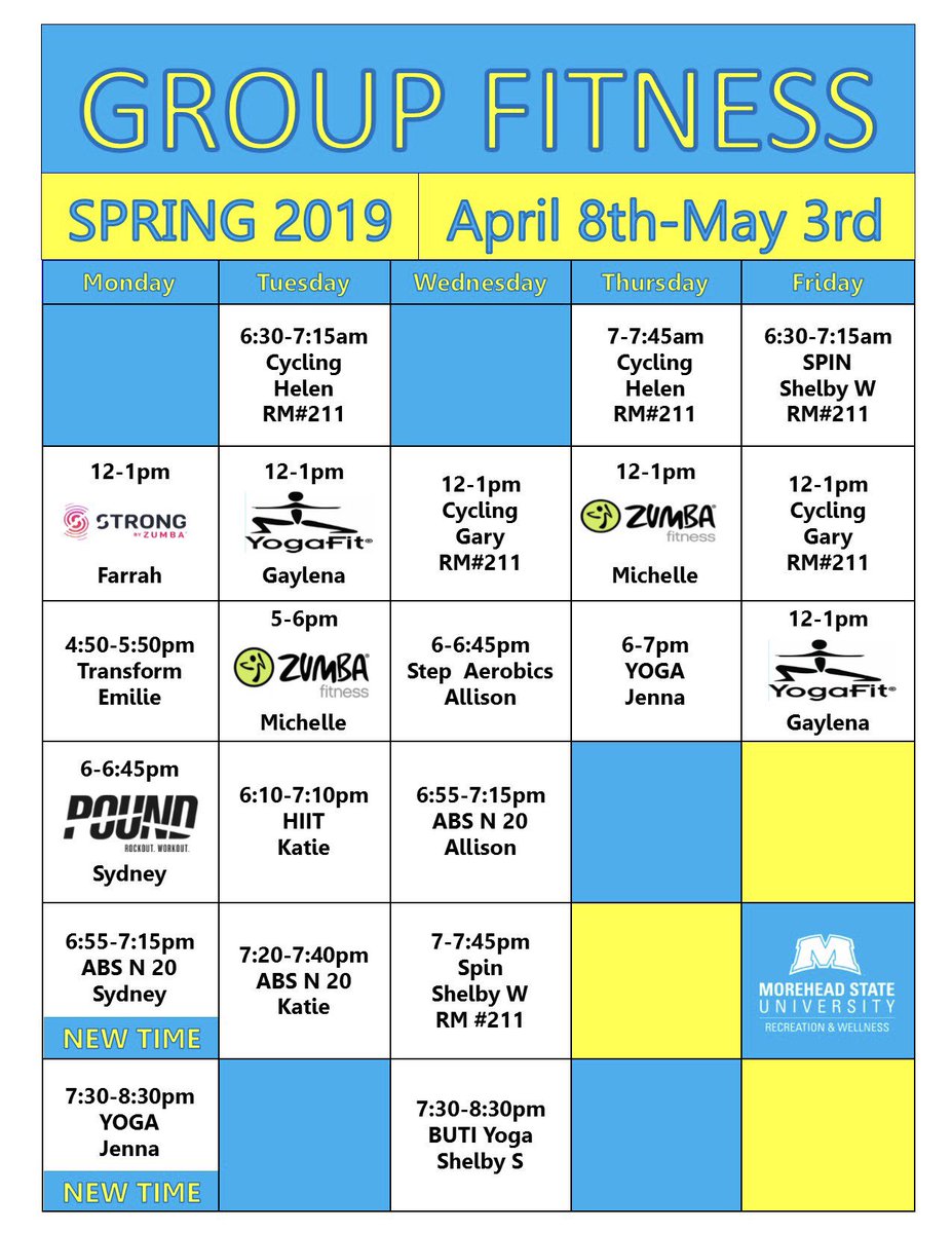 MSU_RecWellness's tweet image. Here’s our updated group fitness schedule! Come out and try one of our classes 🚲💪🏼#groupfitness #msurec