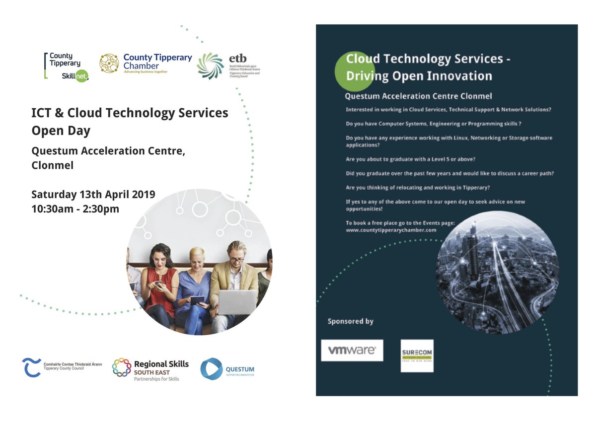 ICT & Cloud Technology Services Open Day @QUESTUM on April 13th with @CoTippSkillnet @barry_gavigan and @CrystalValleySE Information here: bit.ly/2JAtbtD