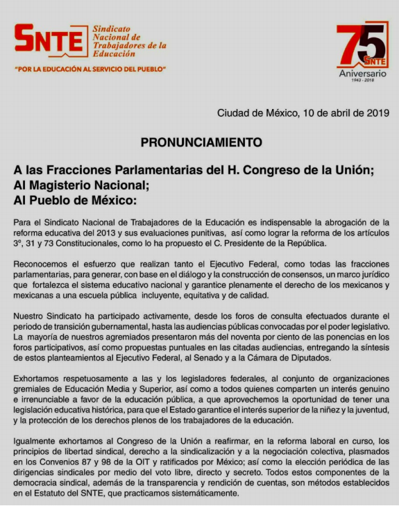 SnteNacional's tweet photo. #SNTEsePronuncia 👨‍🏫✔

🌐 EXHORTA #SNTE al Congreso abrogar reforma educativa 2013 y evaluación punitiva 🌐 PIDE concretar modificaciones a Art 3, 31 y 73 Constitucionales ✅

#FelizMiércoles #10Abr #México #ZapataVive Caudillo del Sur #canal66 #Miercoles #SeTeniaQueDecirYseDijo https://t.co/kSBprpk37I