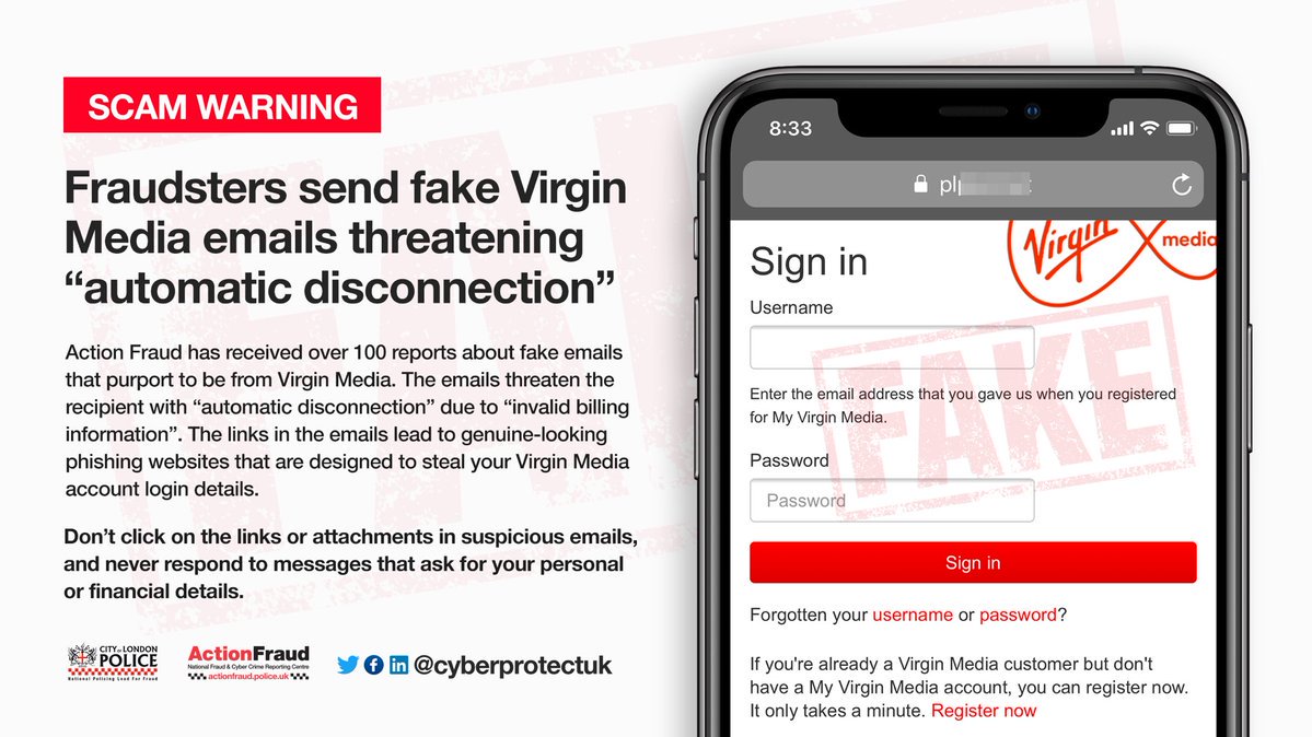 MetCC's tweet photo. Look out for these fake @virginmedia emails threatening “automatic disconnection” 😮 The link leads to a site designed to steal your login details! @actionfrauduk https://t.co/ys2oF5nJaf