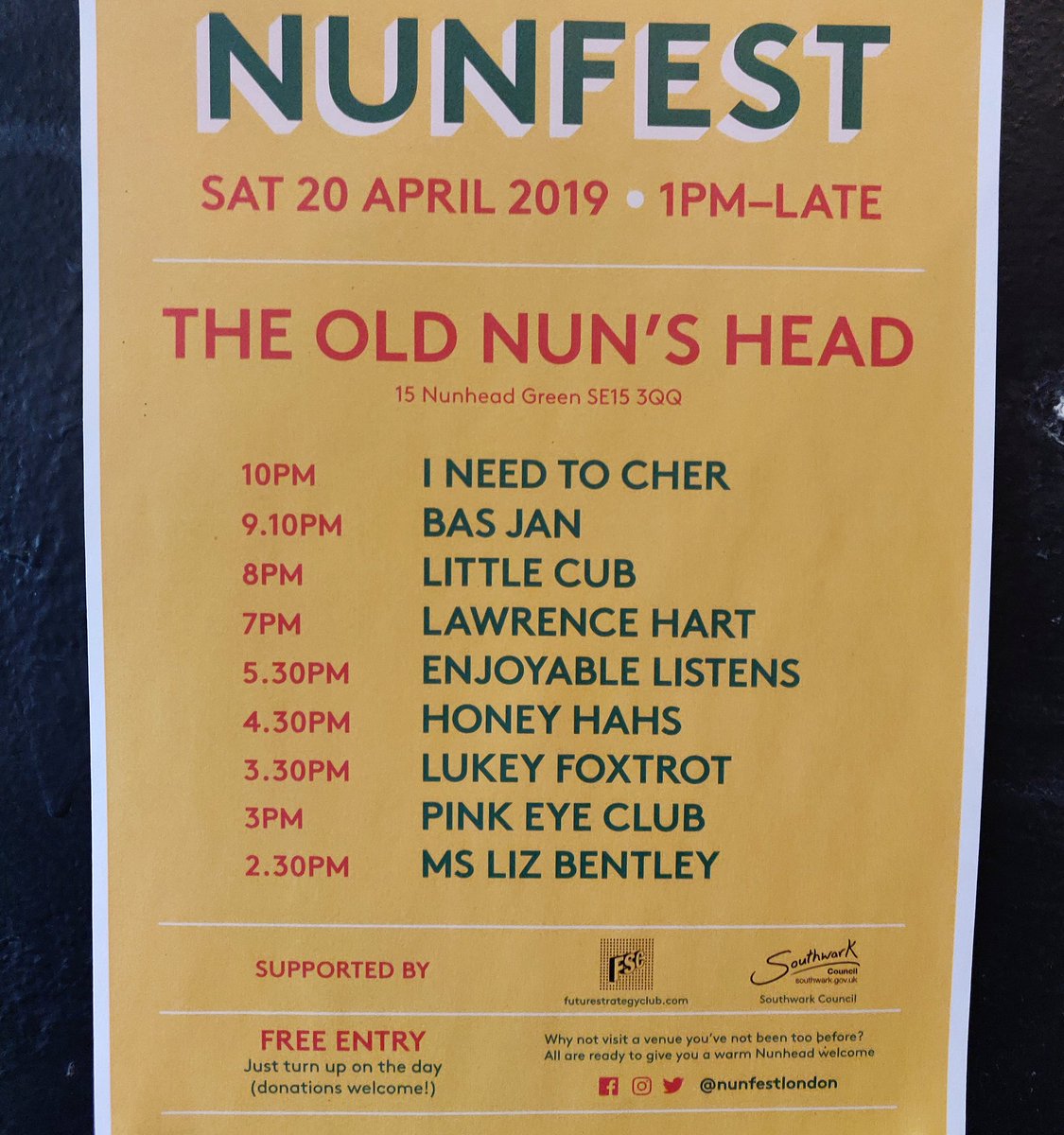 theoldnunshead's tweet photo. Nunfest is nearly upon us!

Here's the full line-up for our upstairs room next Saturday, it's going to be a great day.

#livemusic #nunfest #freegig #nunhead #SE15 https://t.co/m9l378qkoF