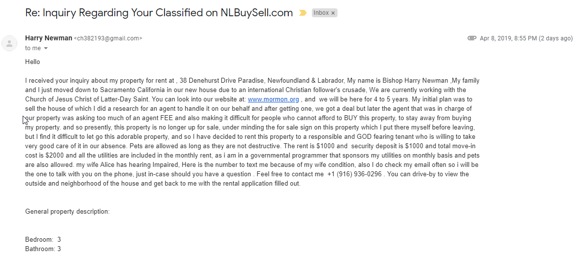 ChrisLewis013's tweet photo. As a follow-up to my salty tweet from yesterday, here's a pretty funny email I received a couple nights ago from a "property owner" in Paradise. A quick Google search of the number revealed it to be a pretty obvious scam. Watch out for this kind of stuff, folks. https://t.co/73kvFliq1b