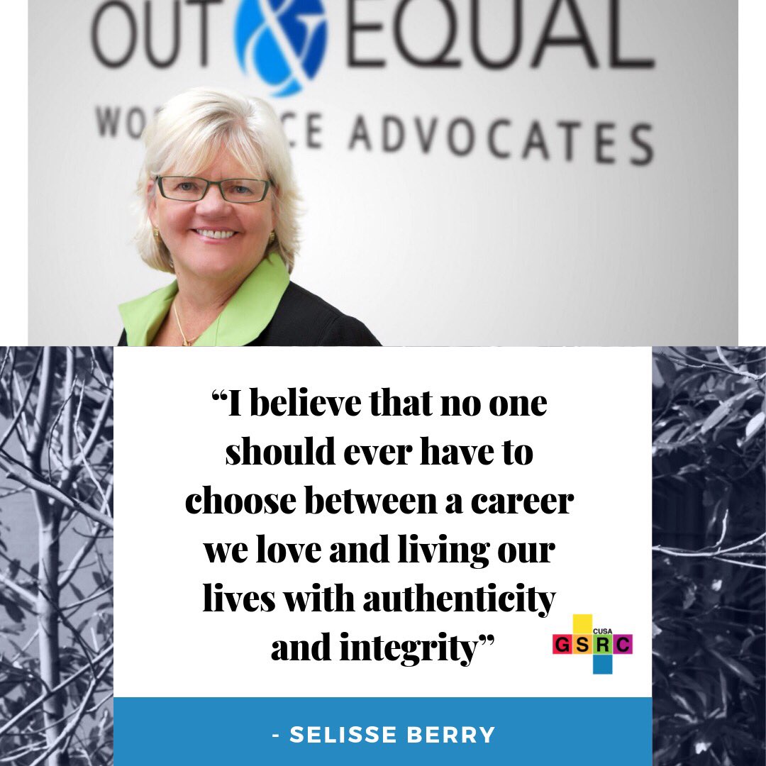 cusagsrc's tweet image. “I believe that no one should ever have to choose between a career we love and living our lives with authenticity and integrity.” Deluded Berry 🏳️‍🌈
•
[image description] Selisse pictured in from of the Out and Equal banner.