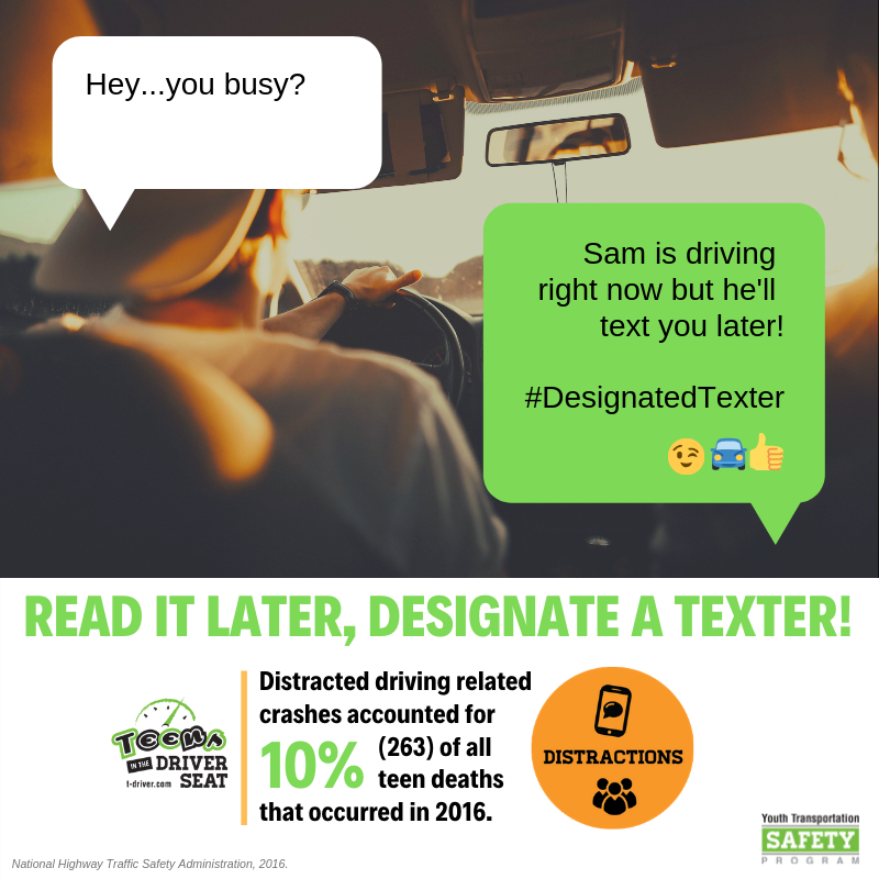 TeensDriverSeat's tweet photo. Safe Driving Tip โก๏ธ Before you start driving, choose a passenger to be the #designatedtexter ๐ฑ If you are the passenger, offer to be in charge of the phone and music so the driver can focus! #teensinthedriverseat ๐ฆ๐ #distracteddriving ๐ #itcanwait ๐ต https://t.co/7OpifundwN