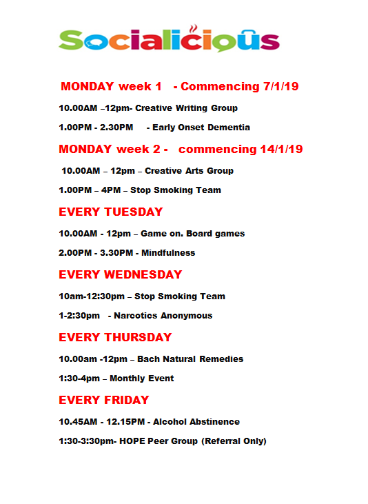 TurningPointIR's tweet photo. #WednesdayWisdom There's always something happening at Socialicious! Here's a list of free groups that we offer. Come along and try something new and meet some new people at the same time! #WakefieldSupport #SupportGroups #TrySomethingNew https://t.co/AUmbUy2lww