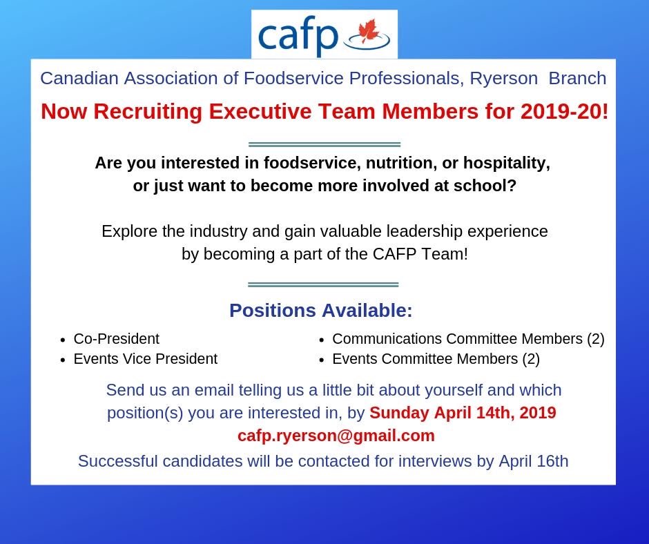 Hey Ryerson! Do you want to get more involved on campus? The CAFP is recruiting for its 2019-2020 executive team! Email CAFP.ryerson@gmail.com with a blurb telling us a little bit about yourself by Sunday April 14 2019!