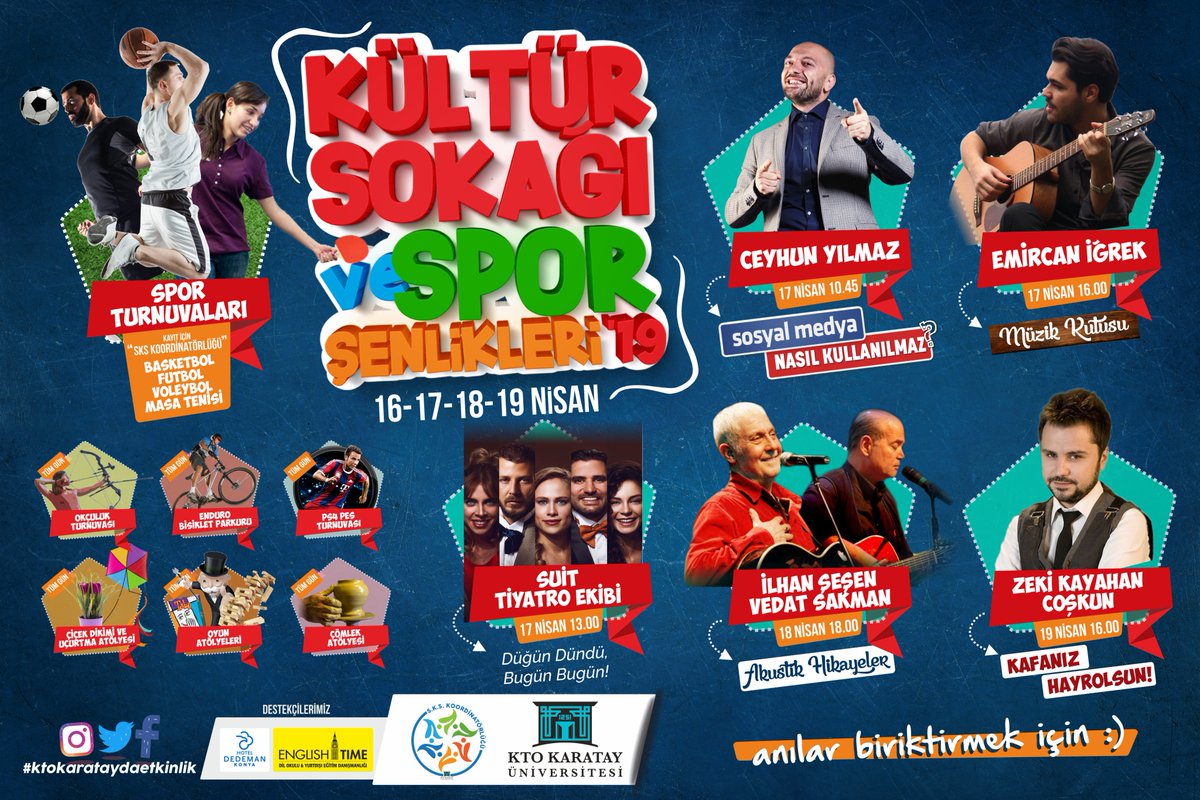 Kültür Sokağı ve Spor Şenlikleri '19 sizlerle🙌

✅Ceyhun Yılmaz 

✅Emircan İğrek 

✅İlhan Şeşen &amp; Vedat Sakman  

✅Zeki Kayahan Coşkun 

✅Enduro Parkuru, Okçuluk Turnuvası

✅Sokak Oyunları

✅Pes Turnuvası, Monopoly ve daha birçok eğlence sizi bekliyor 😃
#kültürsokağı
