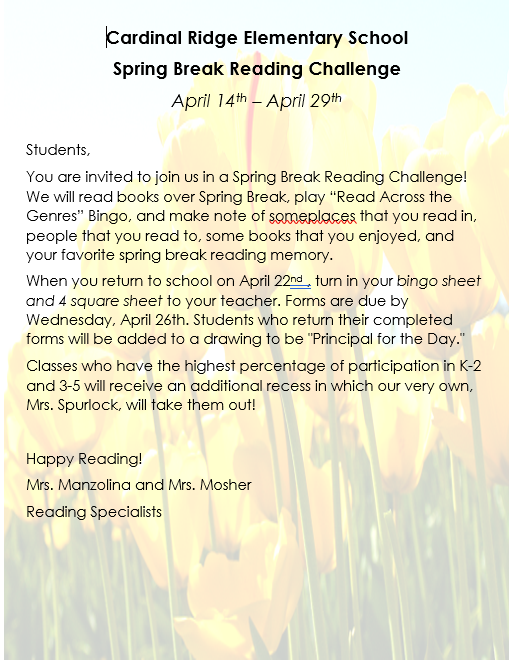 ReadingCre's tweet photo. Ready for a Spring Break Reading Challenge! Complete the "Read Across the Genres" bingo card and become eligible to win "Principal of the Day".  The classes that have the highest % participation in K-2 &amp; 3-5 will earn an extra recess.  #SpringBreakChallenge2019 @CardinalRidgeES https://t.co/P08QiIZOVm