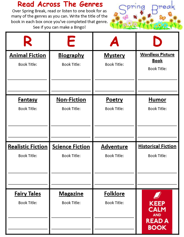 ReadingCre's tweet photo. Ready for a Spring Break Reading Challenge! Complete the "Read Across the Genres" bingo card and become eligible to win "Principal of the Day".  The classes that have the highest % participation in K-2 &amp; 3-5 will earn an extra recess.  #SpringBreakChallenge2019 @CardinalRidgeES https://t.co/P08QiIZOVm