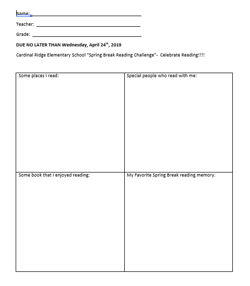 ReadingCre's tweet photo. Ready for a Spring Break Reading Challenge! Complete the "Read Across the Genres" bingo card and become eligible to win "Principal of the Day".  The classes that have the highest % participation in K-2 &amp; 3-5 will earn an extra recess.  #SpringBreakChallenge2019 @CardinalRidgeES https://t.co/P08QiIZOVm