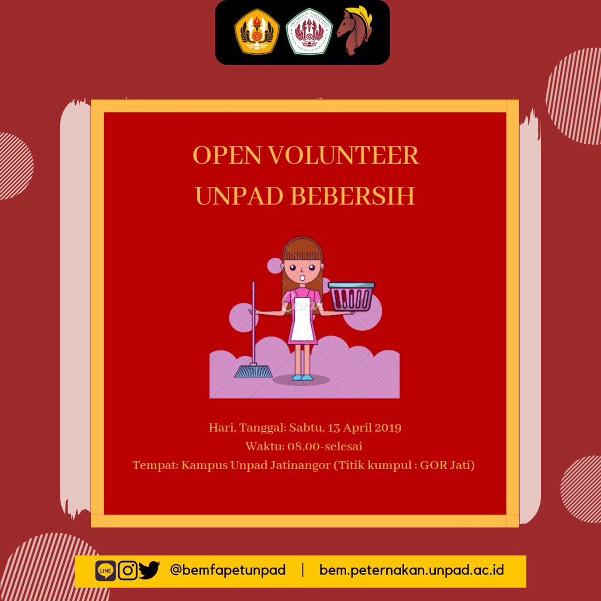 [OPEN VOLUNTEER UNPAD BERSIH-BERSIH]

Hai, Kema Fapet !
Yuk kita lakukan aksi bersih-bersih di lingkungan sekitar kita yaitu kampus Unpad Jatinangor. 
Daftarkan dirimu sekarang juga di
bit.ly/VOLUNTEERUNPAD…  
Terakhir pendaftaran 11 April 2019 pukul 19.00 WIB 😆