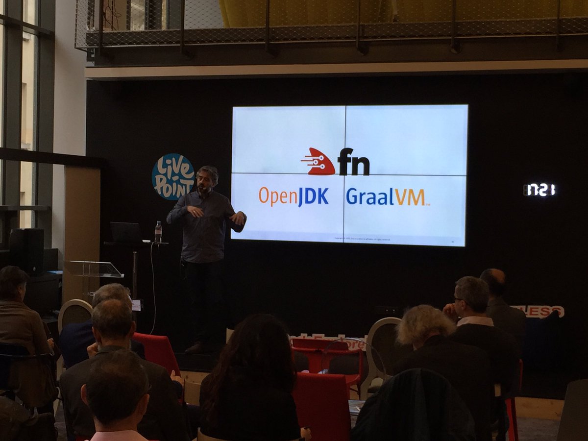 bobquillin's tweet photo. The power pyramid of #FnProject #OpenJDK and #GraalVM - next generation of serverless open source @delabassee #OCodeExploreFR https://t.co/xECf3kIbAj
