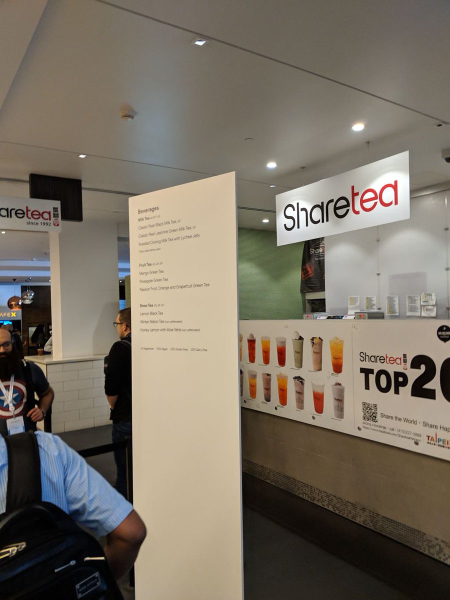 4U6U57's tweet photo. FML the entire #Metreon is free for #GoogleNext19 attendees, so I'm like a kid in a candy store, but #Sharetea has run out of boba. Tomorrow I'm showing up early. https://t.co/c17vOJ0Eir