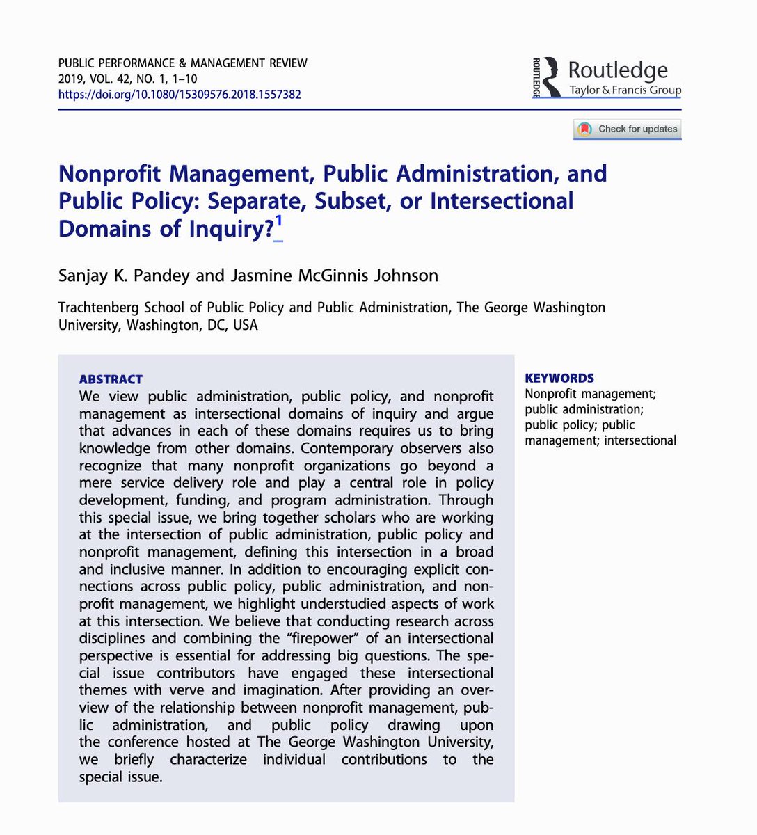 ppmr_journal's tweet photo. What is the relationship between nonprofit management and public policy and administration?https://t.co/kMXmfPEWGI See @Prof_JJohnson and Sanjay Pandeyβs answer to this crucial question. #PPMRNPO #GWTrachtenberg @PAReview @PMRA1991 @ASPANational @APPAM_DC @ARNOVA @AWPARocks https://t.co/GuP3PU9U2S