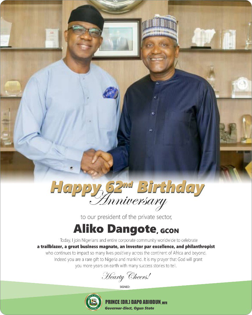 Happy 62nd birthday anniversary to our president of the private sector, Aliko Dangote GCON. 