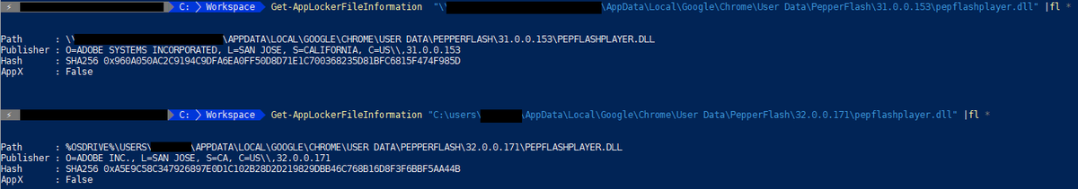 nsr81's tweet photo. Chrome's Pepper Flash 32 is using a new certificate with a different publisher. That'll break AaronLocker publisher rule for pepflashplayer.dll. Duplicate the rule in Allow-GoogleChromeFlashPlayer.xml and update publisher and id.  #AppLocker #AaronLocker /cc @AaronMargosis https://t.co/x8omp4wTjE