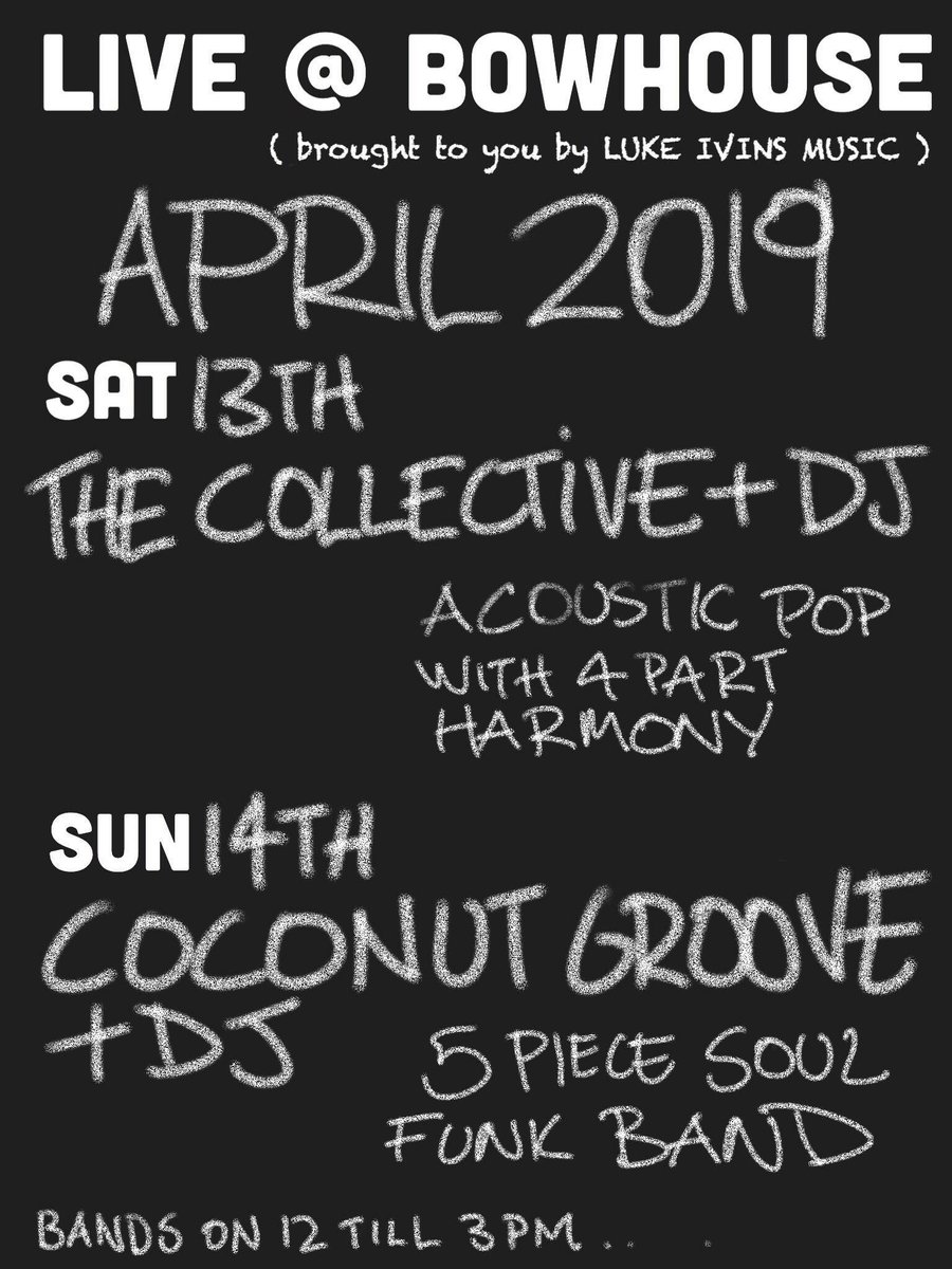 LIVE MUSIC at Bowhouse this weekend 12pm till 3pm. 

Saturday - The Collective + DJ 

Sunday - Coconut Groove + DJ 

These great bands accompany our great street food area. So grab some food, sit back and enjoy fantastic live music. 

April 13th and 14th.
#bowhousefife