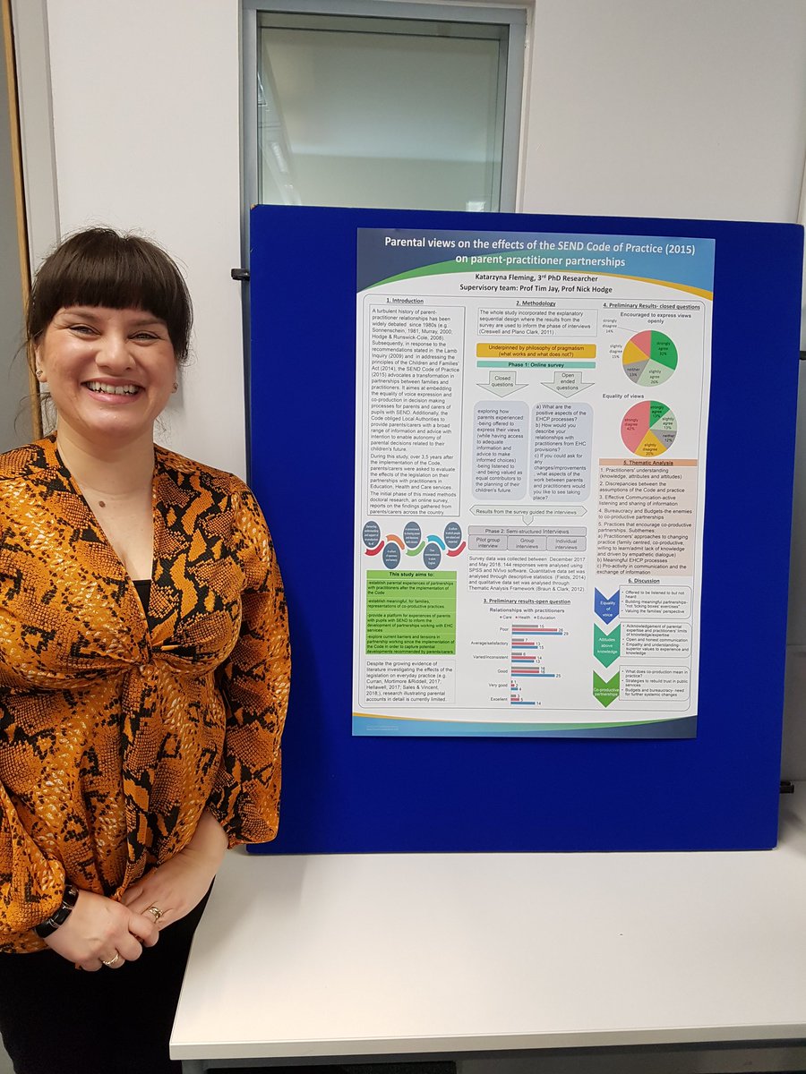 @kfleming100 was a well deserved prize winner today in a @sheffhallamuni research student poster competition. Katrina's research focuses on parent-practitioner partnership in SEND post the new Code of Practice @AutismHallam @SHU_SIoE @Jill_Dickinson1
