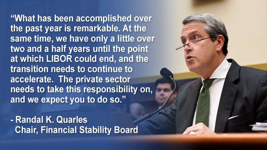 FinStbBoard's tweet photo. FSB Chair Randal K. Quarles highlights the importance of a smooth transition from LIBOR to risk-free rates at FSB roundtable on reforming major interest rate benchmarks in Washington DC hosted by @CFTC #LIBOR #benchmarkreform
https://t.co/luy49DVgil https://t.co/D9HJD5LbSo