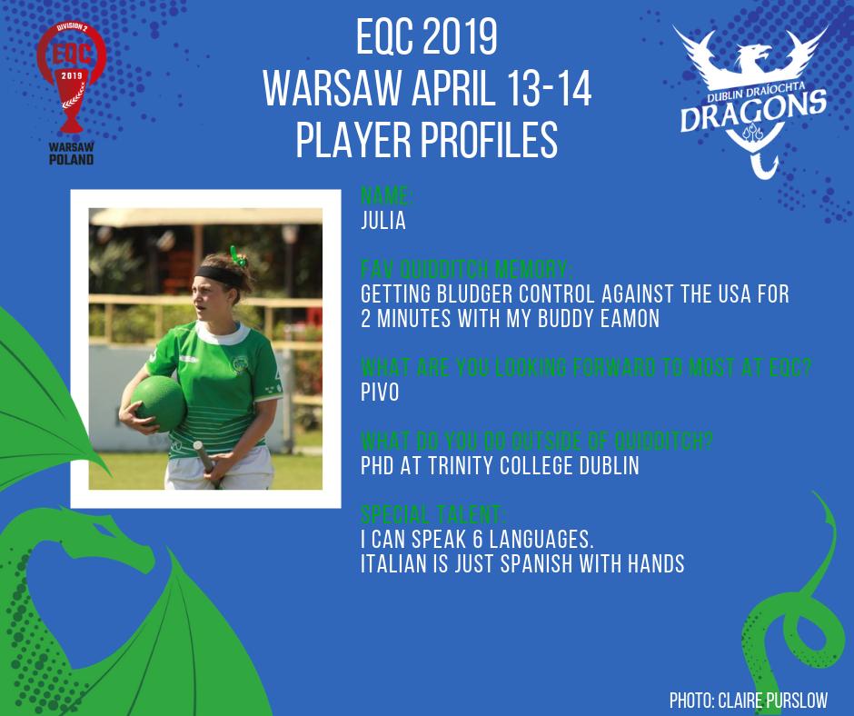 Our next player profile is Julia, the other half of Dublin's perfect beater pair.
Are you ready for Poland?
 
#waltzingtowarsaw #quidditch #dublin #ireland #poland #harrypotter