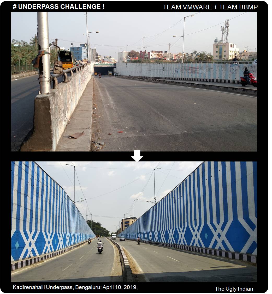 theuglyindian's tweet photo. SPOT QUIZ ANSWER!
IT IS Kadirenahalli/Banashankari Underpass! Great effort by Team @VMwareIN to take up the #UnderpassChallenge at this filthy underpass. Most Underpasses in Blr now have a similar fresh look (TUI Diamond Design),so guessing this was hard! 
@Randeep_Dev @BBMPCOMM https://t.co/LOMhug2blX
