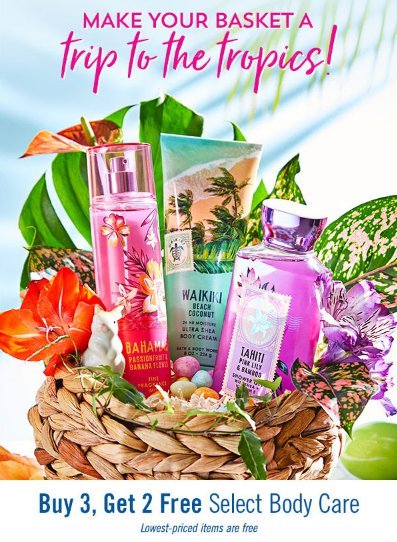BangorMall's tweet photo. It's time for a tropical refresh! Shop in store at @bathbodyworks and enjoy buy 3, get 2 free select body care. Don't wait - this deal ends today! https://t.co/PWVqB4YvYp