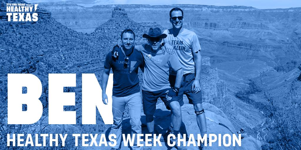 HealthierTX's tweet image. "I believe connecting as many people as possible to this movement of health improvement is a major key to success. #HealthyTexasWeek helps me share and connect with thousands of other Texans joining the movement!" Join Ben's healthy community here: bit.ly/2EyX2Oz