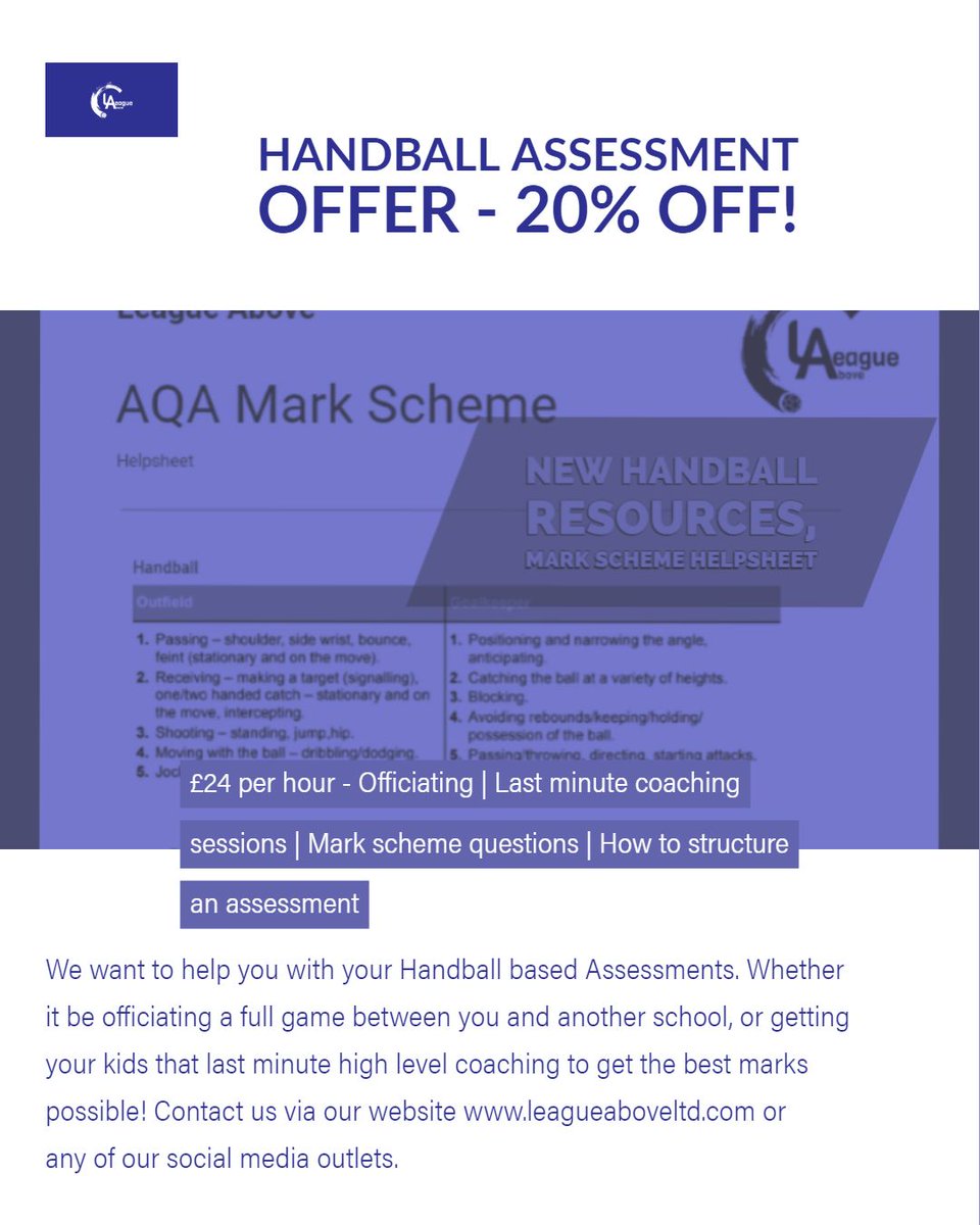 League_Above's tweet photo. SALE!! Don't hesitate to take advantage of our assessment sale at 20% off!!! If you make the booking between now and the end of April you can get 20% off per hour even if the session is in May! E-mail us today at j.leagueabove@gmail.com #HandballEducation #GCSEs2019 #GCSEPE https://t.co/EBnUsv1S68