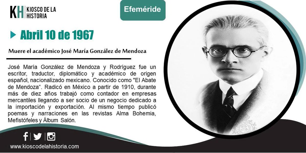 Muere un #10deAbril de 1967 José María González de Mendoza 🇪🇸🇲🇽
#AbatedeMendoza' realizó una amplia labor como cronista y críticoliterario y de arte, actividades en las que se distinguió por su mesura y su firme conocimiento de nuestras letras. 🇲🇽🇪🇸🖊️📚
bit.ly/2KspqH4