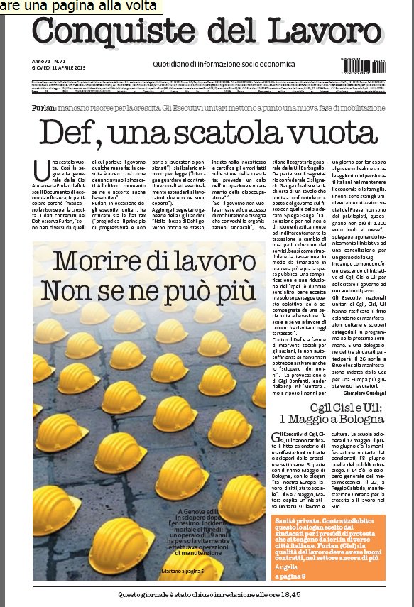 L'#11aprile su Conquiste. #Def, #Furlan: scatola
vuota, mancano risorse per la crescita. Esecutivi unitari decidono
nuova fase di mobilitazione. #Primo Maggio. #Cgil Cisl Uil a Bologna:
”La nostra Europa: lavoro, diritti, stato sociale”.