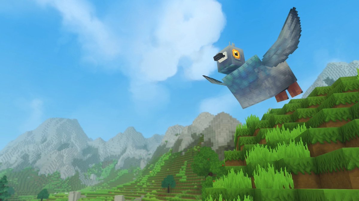 Hytale's tweet photo. The presence of birds in flight - like this noble pigeon - helps to create the sense that you’re exploring a living world! 

Learn more about zone 1’s wildlife @ https://t.co/jkDMKCVPTV https://t.co/XPxBYVyyuq