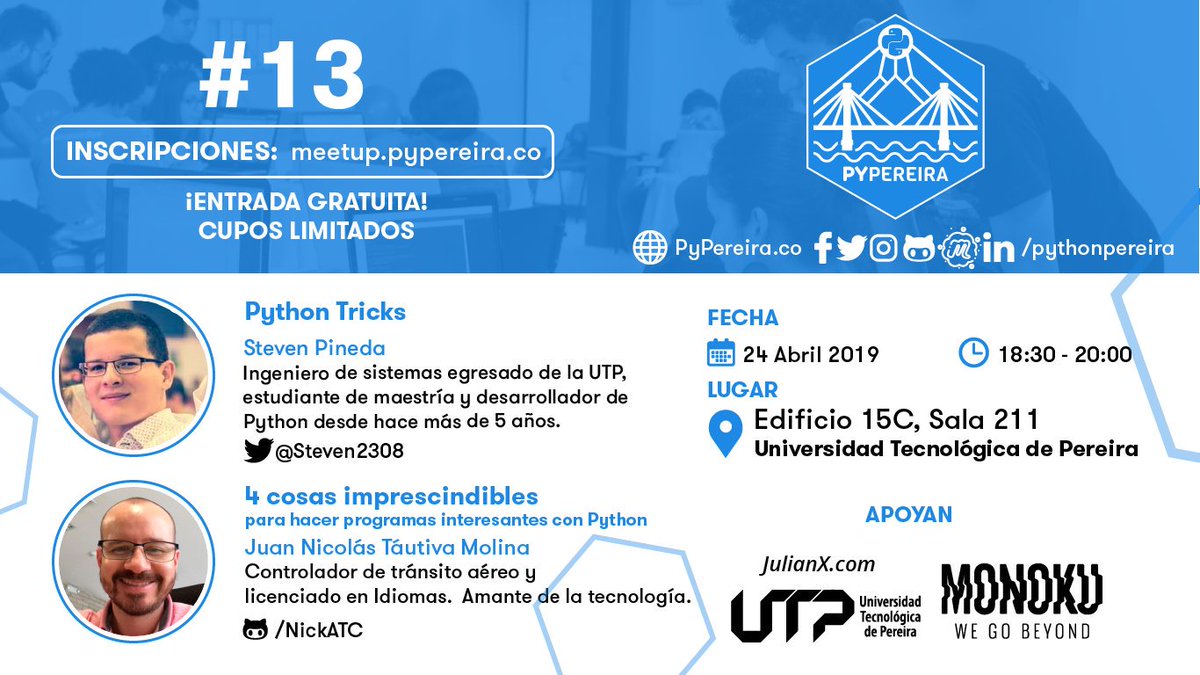 pythonpereira's tweet image. 📣Queremos invitarlos a la Reunión #13 de #PythonPereira 🎉
Contaremos con dos interesantes charlas 🐍💻
👉 Python Tricks 🧙 por Steven Pineda
👉 4 cosas imprescindibles para hacer programas interesantes con Python por Nicolás Táutiva
Agradecemos a @monoku @julianxuran @UTPereira