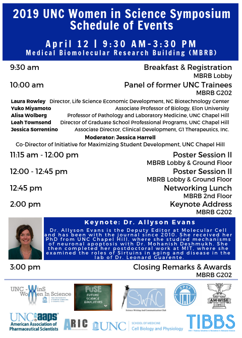 UNC_WINS's tweet photo. Come join us this Friday, April 12th from 9.30am-3.30pm at MBRB for our 5th annual Women in Science symposium celebrating female scientists who have trained at UNC! 
The panel featuring former UNC trainees will begin at 10am and our keynote Dr. Allyson Evans will speak at 2pm. https://t.co/FCmvjwRPYw