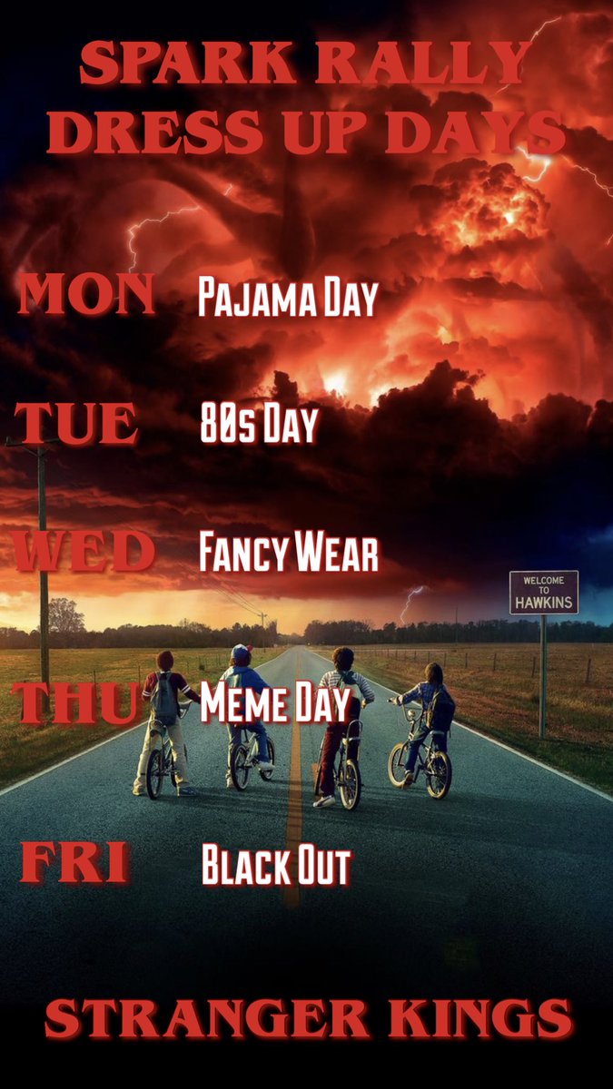 kinghswolves's tweet photo. HERE ARE THE SPARK RALLY DRESS UP DAYS FOR NEXT WEEK!!! #StrangerKings https://t.co/MJVJcWyDou