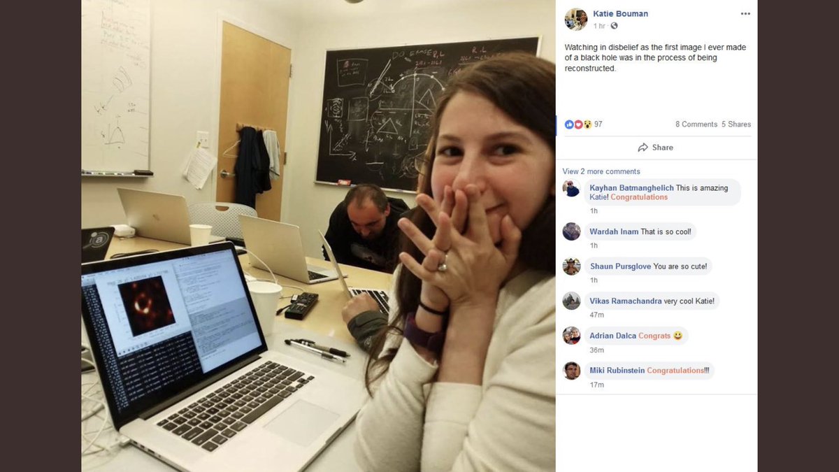 Congratulations to Katie Bouman to whom we owe the first photograph of a black hole ever. Not seeing her name circulate nearly enough in the press. Amazing work. And here’s to more women in science (getting their credit and being remembered in history) 💥🔥☄️