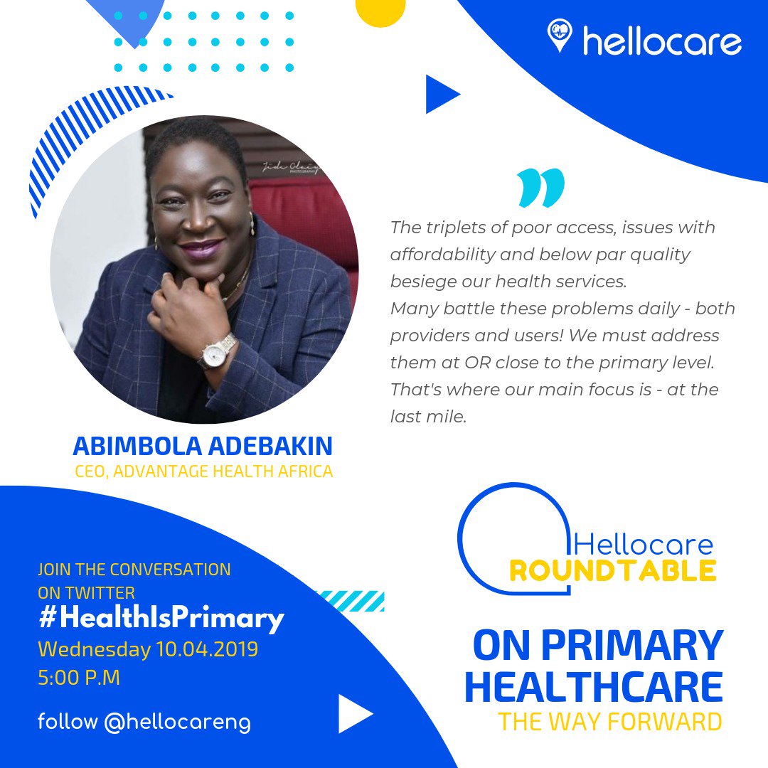 The  @HellocareNG Roundtable on Primary Healthcare is going on right now. Join the conversation.

Join @AOAdebakin
@AkindeCassandra
@ToluTheMidwife and other panelists

#HealthIsPrimary #Health