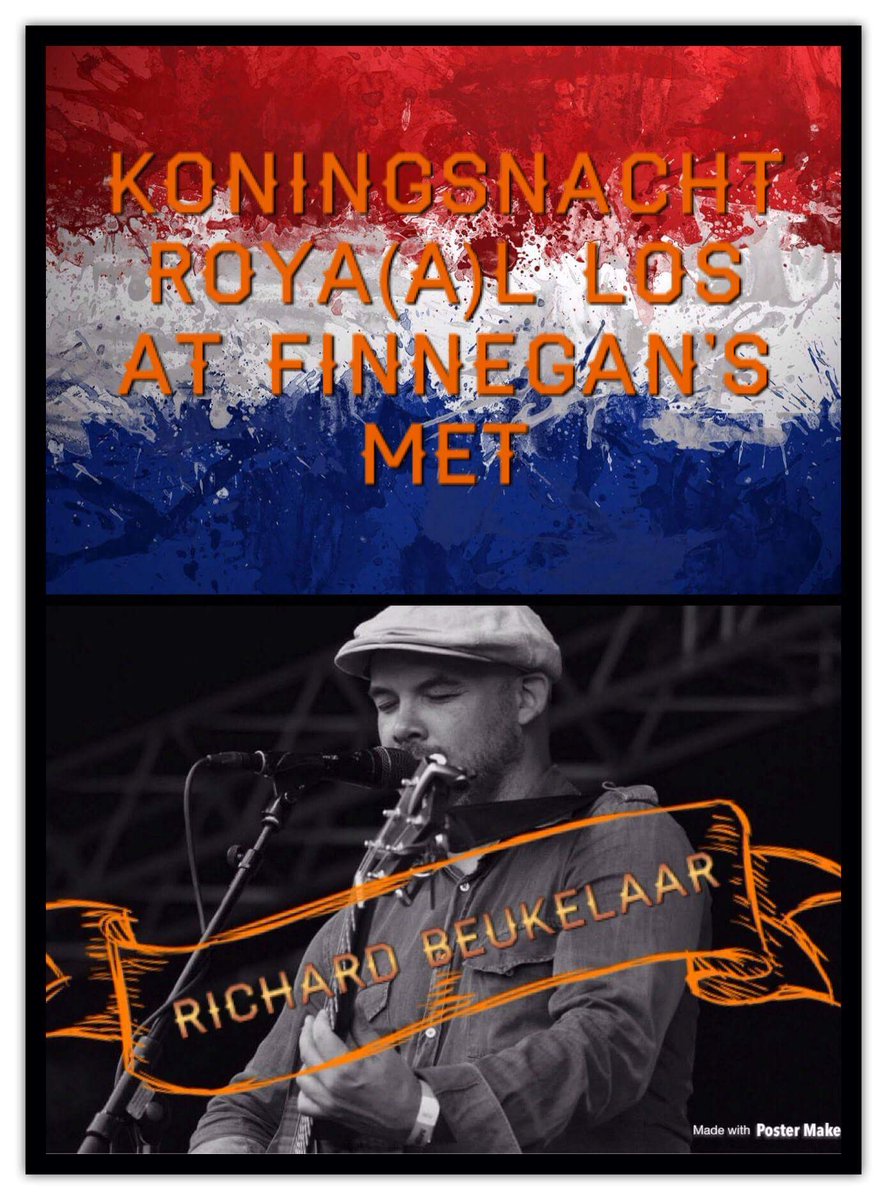 Irish Pub Finnegan's presents King's weekend, een weekend vol met vrolijke klanken.
Kings's night vrijdag 26 April staat Richard Beukelaar op het programma.
We gaan dus ROYAAL los, see you all at Finnegan's