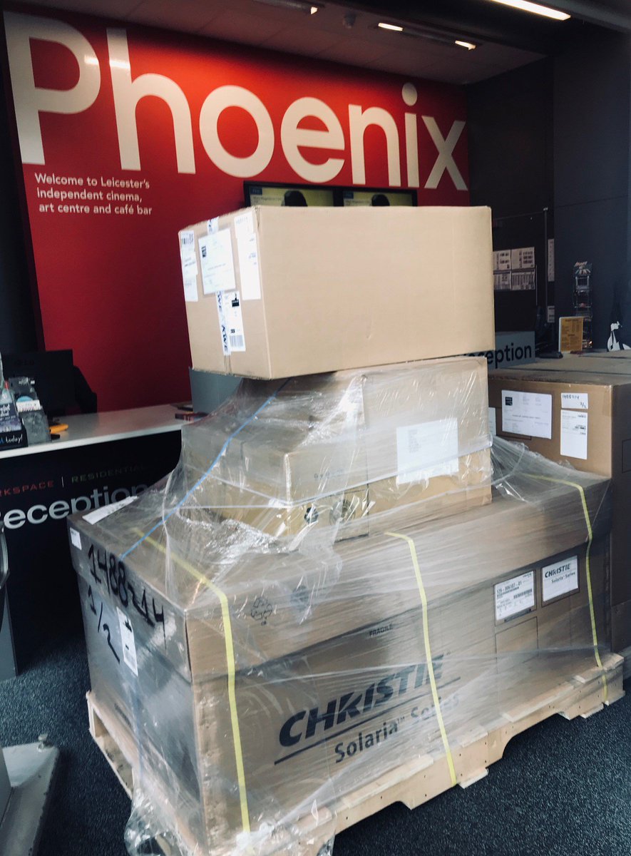 PhoenixLeic's tweet photo. Arrived today - a brand new 4K cinema projector for Screen 2 - the old one has clocked up almost 35,000 hours of service and is due for retirement! https://t.co/V72JtkmxQ4