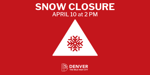 CityofDenver's tweet image. Due to inclement weather, the City and County of #Denver government will close at 2PM today. @denverlibrary &amp;amp; @denverparksrec will close at noon. Learn more at bit.ly/2uVsmkS. #cowx