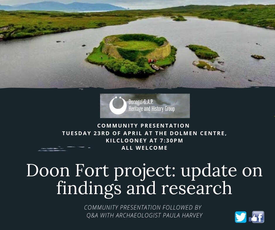 Join us for a presentation on archaeological survey results &amp; conservation plan for Doon Fort on Tuesday 23rd of April, 7:30pm <a href="/DolmenCentre/">Dolmen Centre</a> , Kilclooney. All welcome #doonfort #conserve #adoptamonument #archaeology #communityarchaeology #heritage #Donegal #westernstoneforts #www