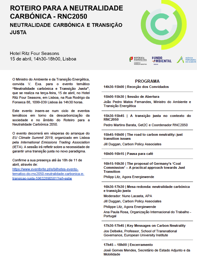 RNC2050's tweet photo. “Neutralidade Carbónica e Transição Justa", segunda-feira, 15 de abril, às 14h30, no Hotel Ritz Four Seasons em Lisboa.
Consulte o programa e confirme a sua presença até às 18h de amanhã.(https://t.co/uH67YGA6A1) https://t.co/5bcvJgpStI