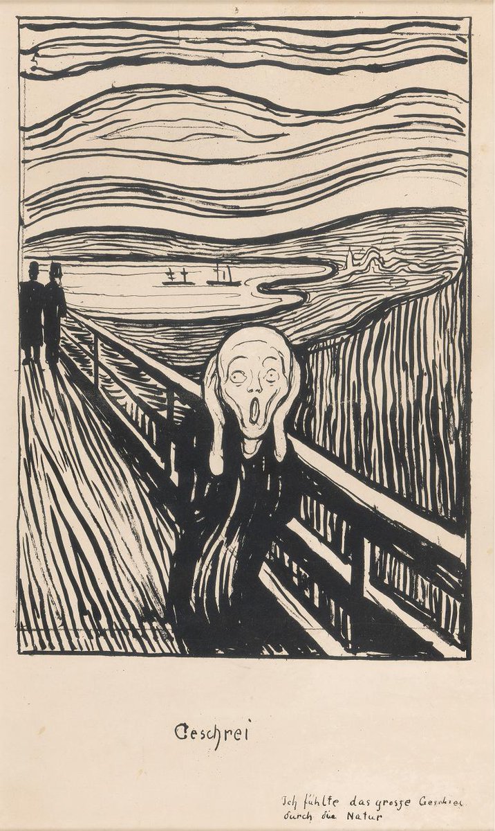 Norwegian_Arts's tweet photo. “I felt the great scream throughout nature,” Edvard Munch inscribed at the foot of his lithographic print of the iconic 'The Scream'. Read about 'The Scream' and Munch's graphic works in @annamcnay's article on NA > 
https://t.co/len6mxzThG #MunchExhibition @britishmuseum https://t.co/9yLsIUfdFT