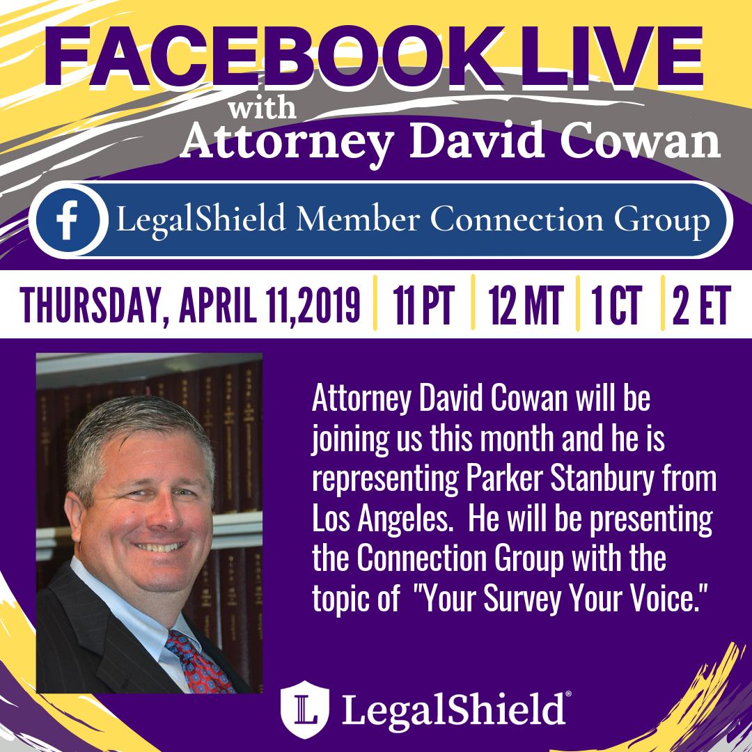 IDShield's tweet photo. Our monthly Facebook Live on the LegalShield Member Connection group is coming up this Thursday with Attorney David Cowan from Parker Stanbury. Remember to tune in at 1pm CST. We are ecstatic for you guys to join us! Here is the link to FB group to join https://t.co/avhUQIv7hT https://t.co/GOPaS7glLU
