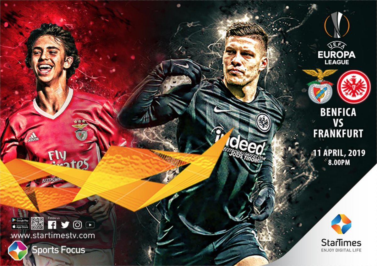 StarTimes_Ng's tweet photo. How many goals will be scored in this match?
Don't miss #Benfica vs #Frankfurt live on #STSportsFocus Thur. 11th April @ 8pm.
You can also live stream on #StarTimesON app
Get App >> https://t.co/eKuqMT288D
#StarTimesSports #UELonStarTimes #EuropaLeagueOnStarTimes #EuropaLeague https://t.co/OBmi6ITy2s