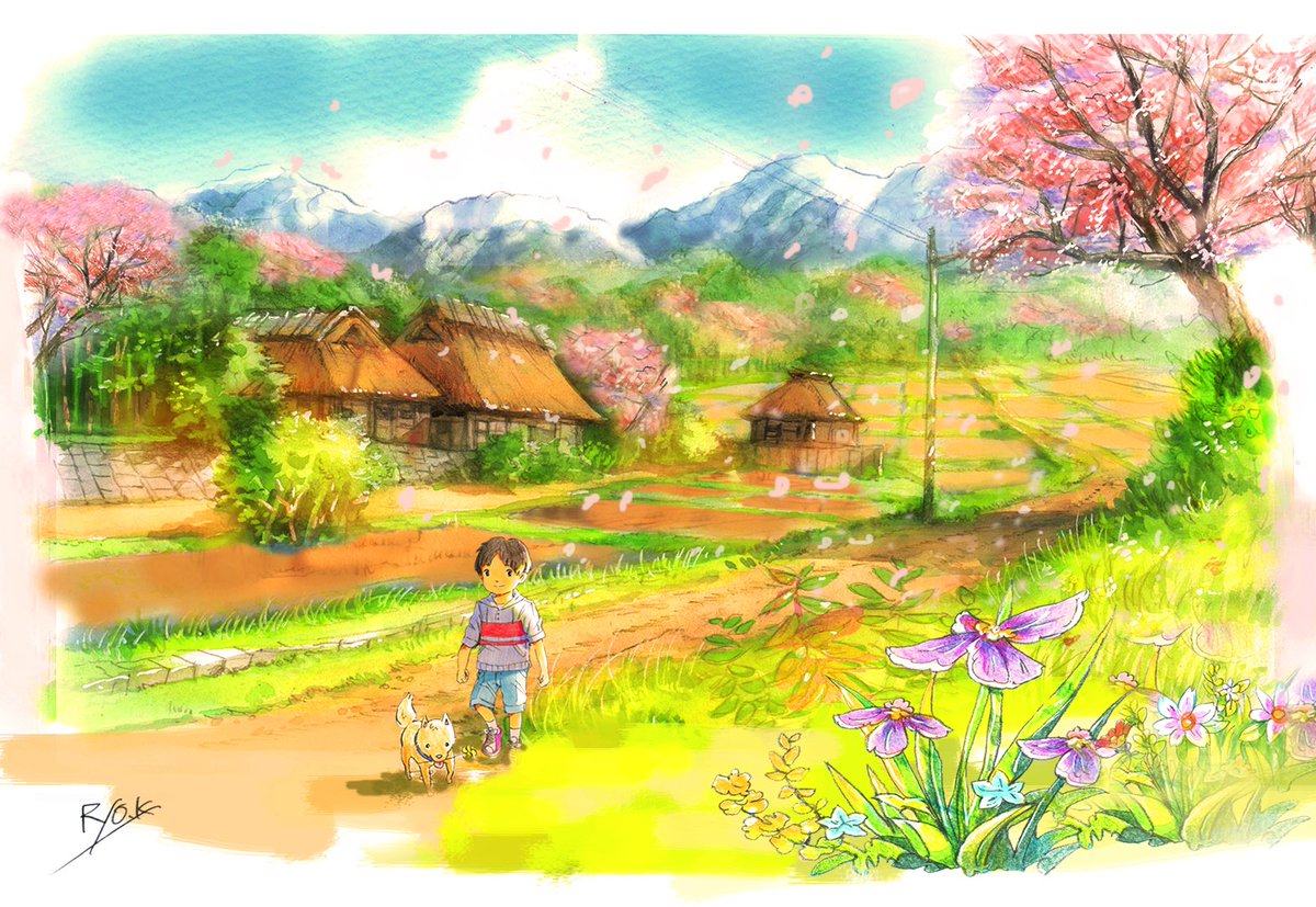 川上リョウ イラスト 里に届いた春 こうした日本の風景も 体験していなくとも どこか懐かしさを感じてしまうのは 遠い祖先の記憶なのでしょうか イラスト 水彩画 色鉛筆 桜 田舎 ノスタルジー 絵描きさんと繋がりたい Illustrantion