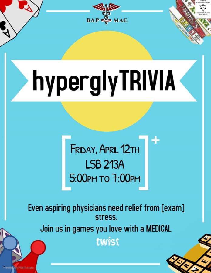 bapmac_'s tweet photo. Come on out to LSB 213A THIS Friday April 12th to de-stress before exams with a FUN games night!! Food will be provided!
#healthiswealth #stressrelief #bapmac @bajanjules27 @McMasterU @EIOMcMaster https://t.co/7hLXVtjHWg