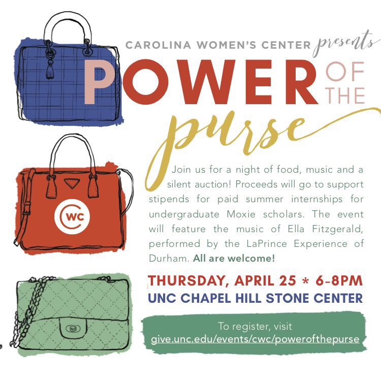 April 25th, <a href="/UNCWomensCtr/">Carolina Women's Center</a> will present Power of the Purse! Speakers will be invited to address the audience on the topic of women's philanthropic power to support women's issues and gender equity. Register here: give.unc.edu/events/cwc/pow…