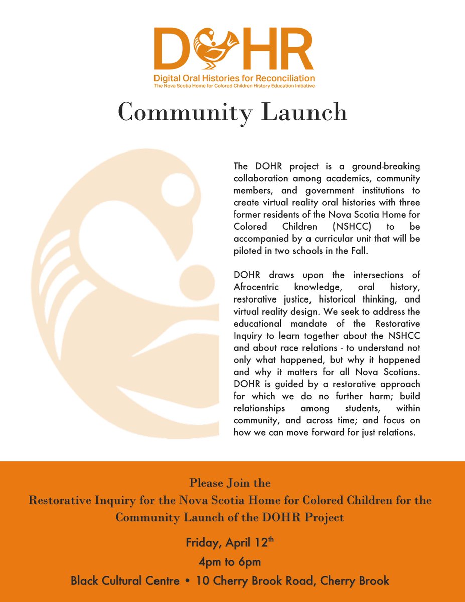 projectDOHR's tweet photo. Please join the Restorative Inquiry of the Nova Scotia Home for Colored Children at the Black Cultural Centre for the community launch of the DOHR project on Friday, April 12th at 4pm! https://t.co/se4BRnj4je