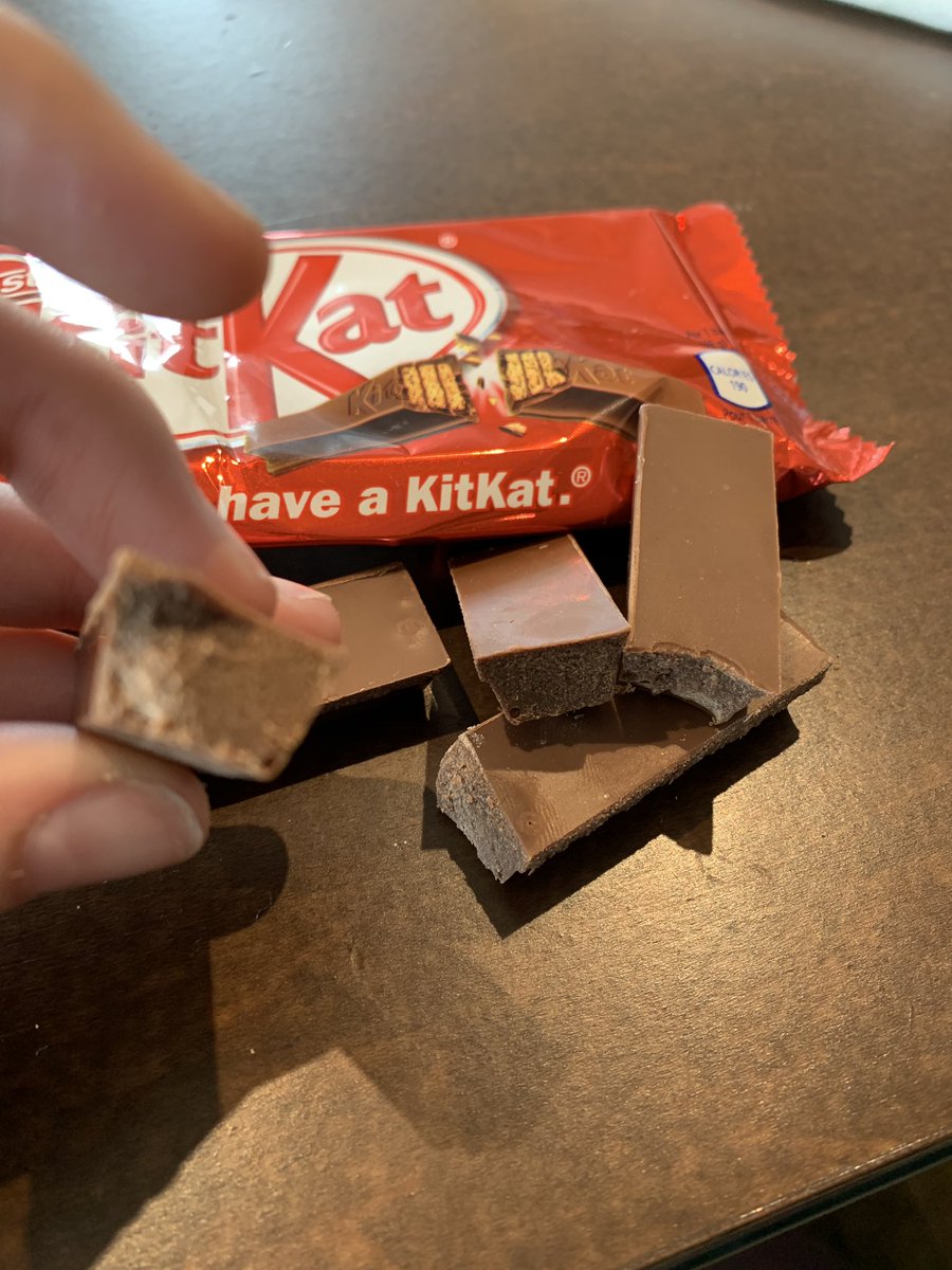 e_banting's tweet photo. Hey @nestleca how did I get a @KITKATca with no wafer?! All chocolate?! #falseadvertising https://t.co/vPcBOd4aJO